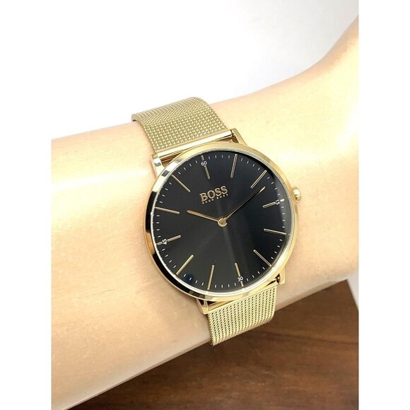 Hugo Boss Men's Watch 1513735 Horizon Quartz Black Dial Gold Steel Mesh … - Picture 10 of 13